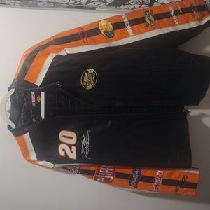 Men's black+orange leather jacket  L